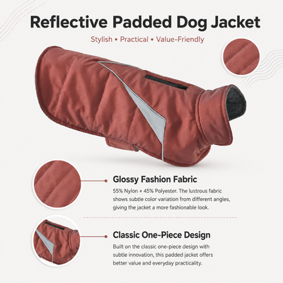 Glossy Fabric Reflective Padded Dog Jacket Features Reflective padded dog jacket made with 55 percent nylon and 45 percent polyester glossy fabric with classic one-piece design