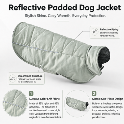 Reflective padded dog jacket with color-shift fabric, reflective piping and classic one-piece design