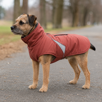 Reflective Padded Dog Jacket for Outdoor Winter Walks Dog wearing a red reflective padded dog jacket with high collar during an outdoor winter walk