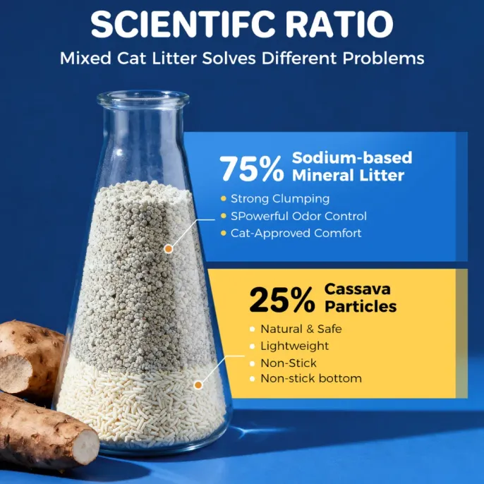 Mixed Cat Litter 75% Mineral and 25% Cassava Formula Mixed cat litter formula with 75% sodium-based mineral litter and 25% cassava particles for clumping and odor control