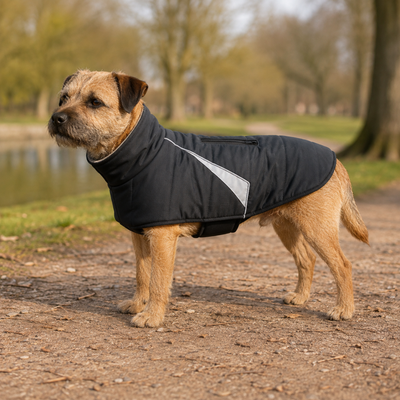 Reflective Dog Jacket for Outdoor Wear Dog wearing a black reflective padded jacket outdoors with high collar and reflective side panel