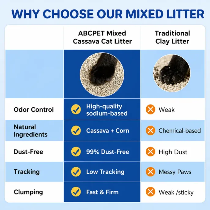 Mixed Cassava Cat Litter vs Traditional Clay Litter Comparison of mixed cassava cat litter and traditional clay litter for odor control, dust, tracking and clumping