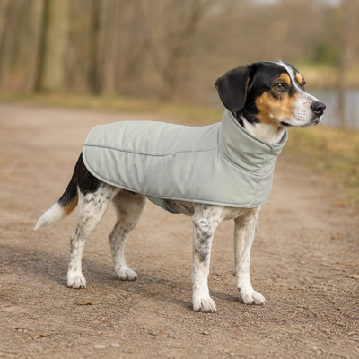 Medium-sized dog wearing a reflective padded dog jacket during an outdoor walk