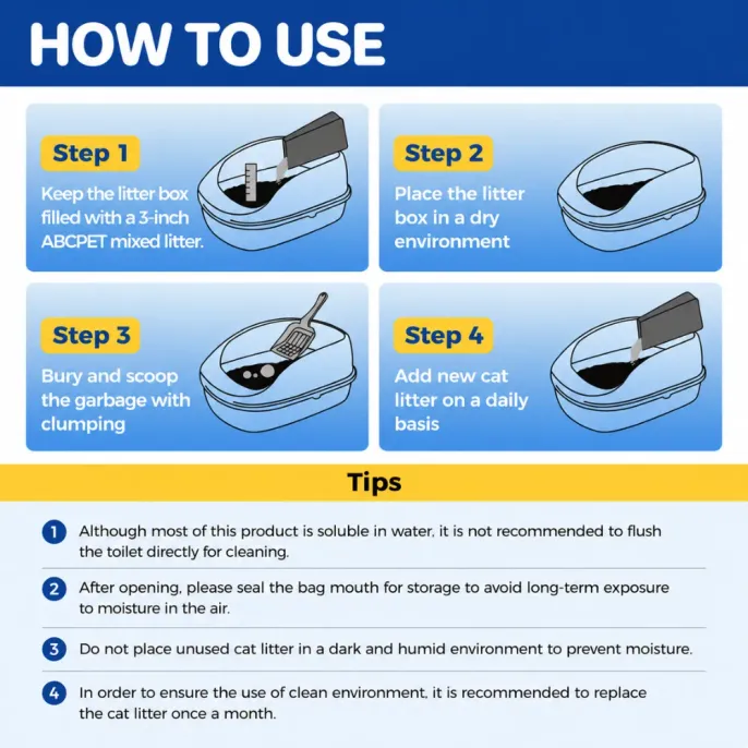 How to Use Mixed Clumping Cat Litter Instructions showing how to fill, scoop, store and maintain mixed clumping cat litter