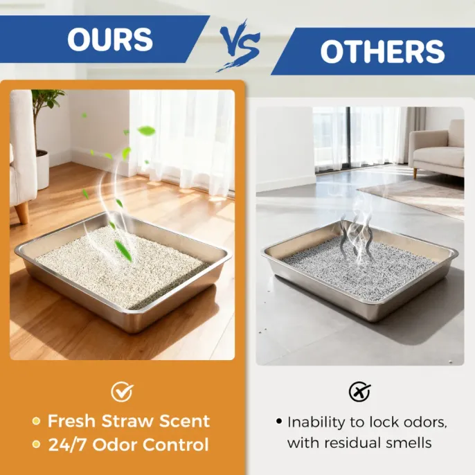 Odor Control Mixed Cat Litter Comparison Mixed straw cat litter odor control comparison showing fresh litter box versus conventional cat litter