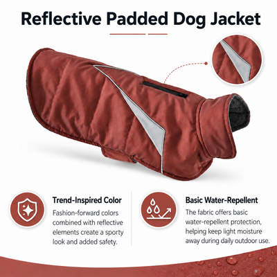 Water-Repellent Reflective Padded Dog Jacket Features Reflective padded dog jacket with trend-inspired color, reflective safety panels and basic water-repellent fabric