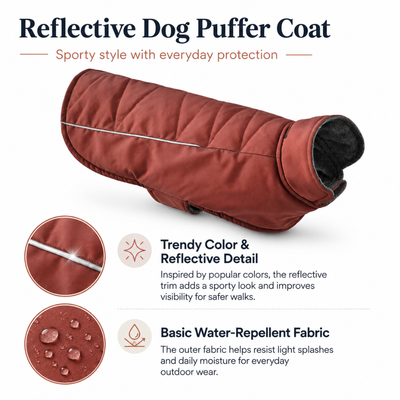 Reflective dog puffer coat with reflective trim and water-repellent outer fabric for outdoor walks