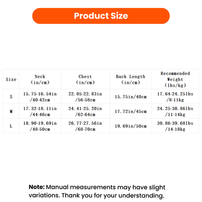 Reflective padded dog jacket size chart with neck, chest, back length and recommended dog weight