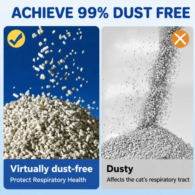 99% Dust Free Mixed Cat Litter 99% dust free mixed cat litter compared with dusty traditional litter for cleaner everyday use