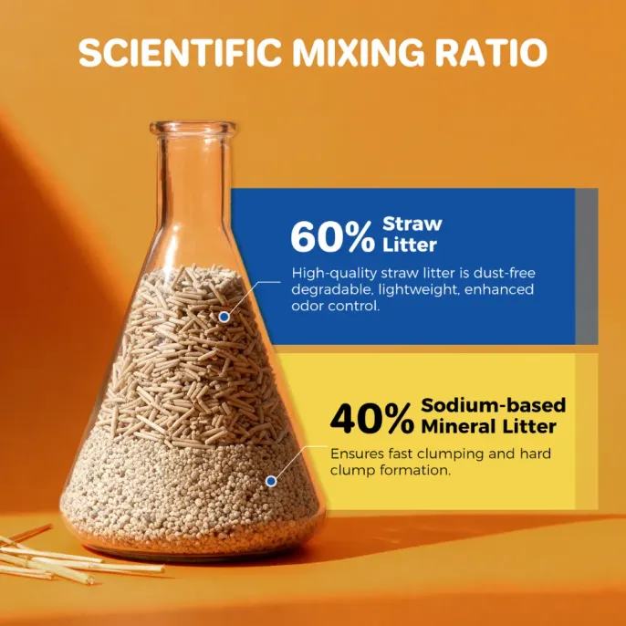 Straw and Mineral Mixed Cat Litter Formula Mixed cat litter made with 60% straw litter and 40% sodium-based mineral litter for clumping and odor control