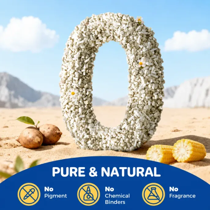 Pure Natural Cassava Mixed Cat Litter Formula Natural cassava mixed cat litter made without added pigment, chemical binders or fragrance