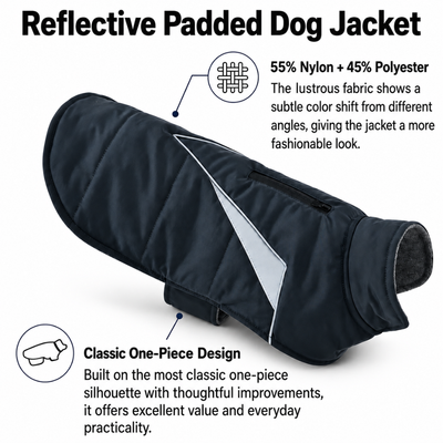 Reflective Padded Dog Jacket Material and Design Black reflective padded dog jacket made from 55% nylon and 45% polyester with classic one-piece design
