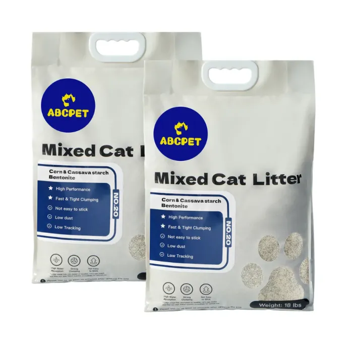 ABCPET Mixed Cat Litter 18 lb Packaging Two 18 lb bags of ABCPET mixed cat litter with cassava starch, corn and bentonite formula