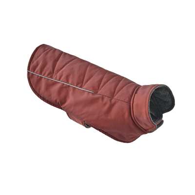 Red reflective dog puffer coat with high collar and quilted padded construction on white background