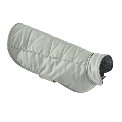 Wholesale reflective padded dog coat with one-piece design and reflective trim on white background