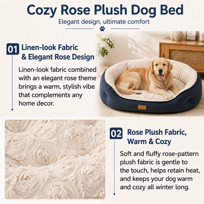 Cozy Rose Plush Dog Bed with Soft Lining Cozy rose plush dog bed with linen-look outer fabric and soft rose-pattern plush lining