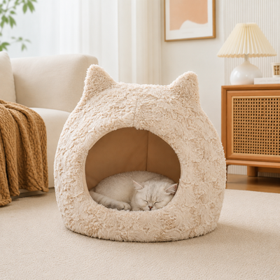 Cat sleeping inside a soft plush enclosed cat cave bed in a modern living room