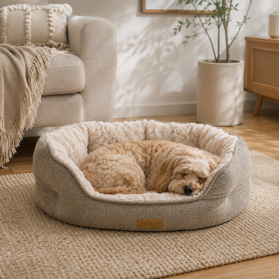 Small dog sleeping in a beige plush bolster dog bed in a warm modern living room setting.