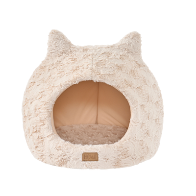 Soft cream cat cave bed with plush exterior, cat-ear design and cozy enclosed sleeping area