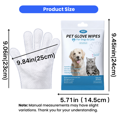 Pet Cleaning Glove Wipes Size Guide Pet cleaning glove measuring 9.84 x 9.06 inches with 6-piece package size