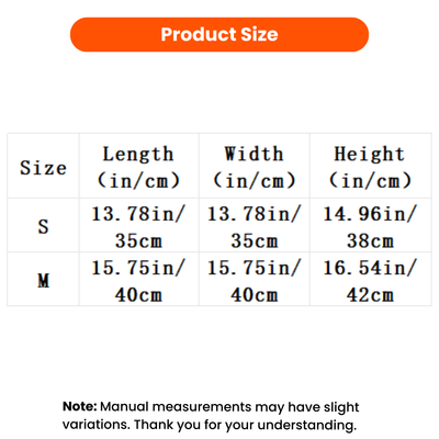 Cozy Rose Cat House Size Guide Cozy rose cat house size chart showing S 13.78 x 13.78 x 14.96 inches and M 15.75 x 15.75 x 16.54 inches