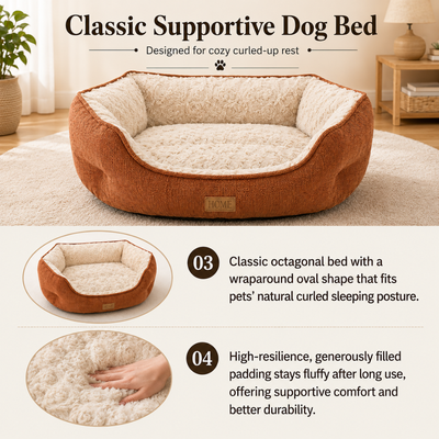 Supportive Bolster Dog Bed with Plush Padding Supportive brown bolster dog bed with raised sides and thick cream plush cushioning
