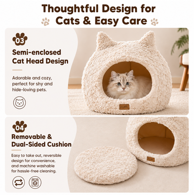 Semi-enclosed cat cave bed with cat-ear design and removable dual-sided washable cushion