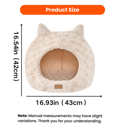 Plush enclosed cat bed measuring 16.93 inches wide and 16.54 inches high for indoor cats