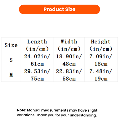 Cozy bolster dog bed size chart with S 24.02 x 18.90 x 7.09 in and M 29.53 x 22.83 x 7.48 in options.
