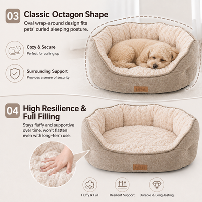 Octagon bolster dog bed with wraparound raised sides and resilient full filling for cozy support and lasting comfort.