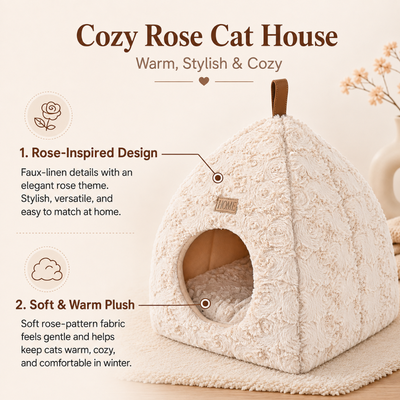 Rose Pattern Plush Cat House Soft Warm Design Cream rose pattern plush cat house featuring soft warm fabric and a cozy enclosed sleeping area