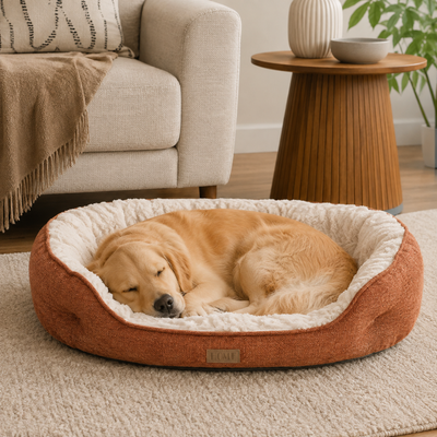 Cozy Plush Dog Bed for Indoor Sleeping Golden retriever sleeping in a brown and cream plush bolster dog bed in a living room