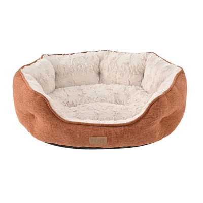 Cozy Brown Plush Dog Bed Wholesale Product View Cozy brown dog bed with soft cream plush lining and supportive raised sides on white background