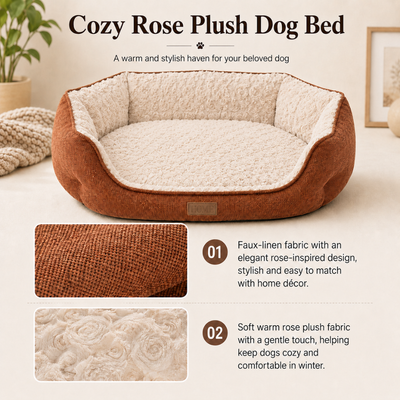 Cozy Rose Plush Dog Bed Soft Fabric Details Brown cozy dog bed with soft cream rose plush lining and textured outer fabric
