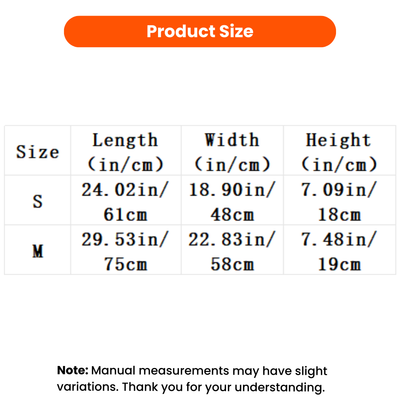 Plush Dog Bed Size Guide S and M Plush dog bed size chart with S 24.02 x 18.90 x 7.09 in and M 29.53 x 22.83 x 7.48 in options