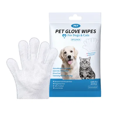 White pet cleaning glove wipes with 6-piece package for dogs and cats