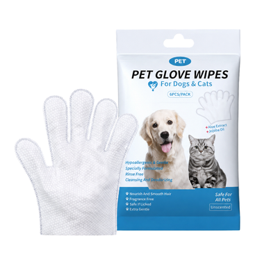 Pet Glove Wipes for Dogs and Cats 6 Pack White pet cleaning glove wipes with 6-piece package for dogs and cats