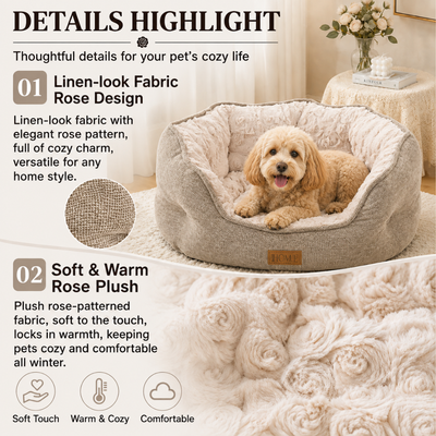 Cozy dog bed with linen-look outer fabric and soft rose-pattern plush lining for warmth and everyday comfort.