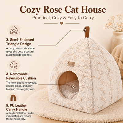 Cozy Cat Cave Bed with Removable Cushion and Handle Plush cat cave bed with semi-enclosed design, removable reversible cushion and PU leather carry handle