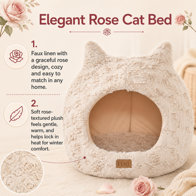 Soft rose-textured plush enclosed cat bed with cozy faux linen design for indoor cats