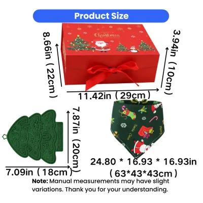 Christmas dog gift set size guide with gift box tree lick mat and holiday dog bandana