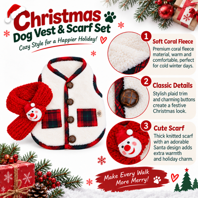 Christmas dog vest and scarf set made of soft coral fleece with plaid trim, button details and red knitted holiday scarf