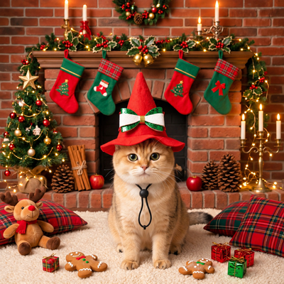 Cat Wearing Christmas Pointed Hat in Holiday Living Room Cat wearing a red Christmas pointed hat with bow in a festive holiday living room with Christmas tree and fireplace