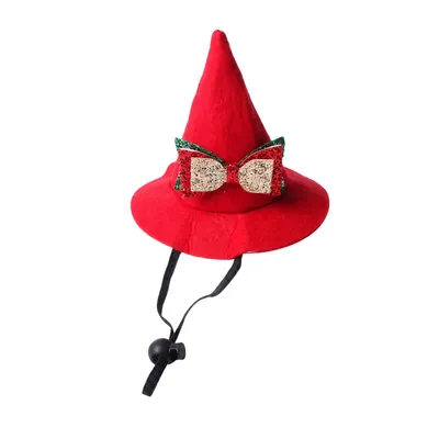 Red Christmas Pet Pointed Hat with Gold Bow Red Christmas pet pointed hat with sparkling gold bow and adjustable black chin strap for cats and small dogs