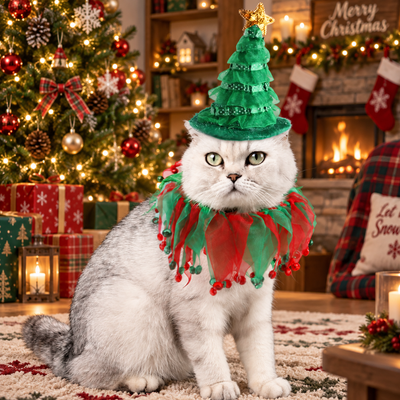 Christmas Cat Costume Tree Hat and Red Green Holiday Collar Cat wearing green Christmas tree hat and red green festive collar in Christmas living room