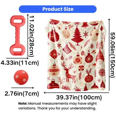 Christmas dog blanket chew toy and textured ball size dimensions for holiday pet gift set