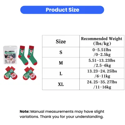 Christmas dog socks size chart with S M L XL recommended pet weight guide