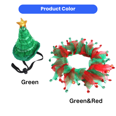 Christmas Pet Costume Set Green Tree Hat and Red Green Collar Green Christmas tree pet hat with gold star and red and green festive ruffle collar