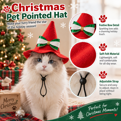 Christmas Pet Pointed Hat with Festive Bow and Adjustable Strap Red Christmas pet pointed hat with festive bow, soft felt material and adjustable chin strap for cats and dogs