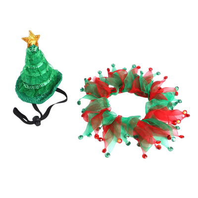Two Piece Christmas Pet Costume Set for Cats and Small Dogs Two piece Christmas pet costume set with green tree hat and red green collar for cats and small dogs